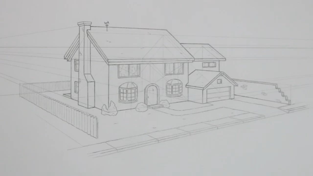 آموزش طراحی یک خانه بزرگ و محوطه اش در پرسپکتیو دونقطه ای